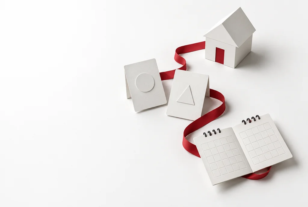 Ilustración conceptual en papel: casa, comparación y agenda conectadas por una cinta roja.